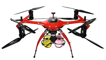 消防車が入れない場所の消火活動に、消火剤を投下するドローンを発売